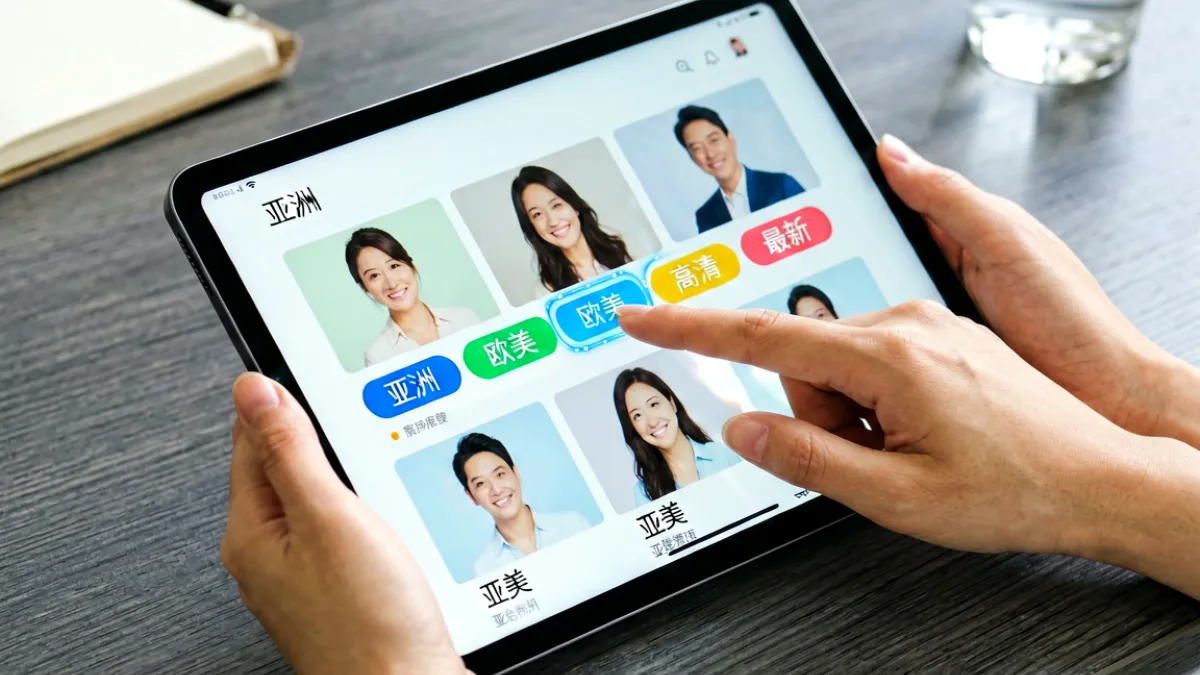 一台平板屏幕上显示着成人网站的分类界面，手指正指向「亚洲」「欧美」等标签，背景是简洁的深色桌面，突出内容选择的界面细节