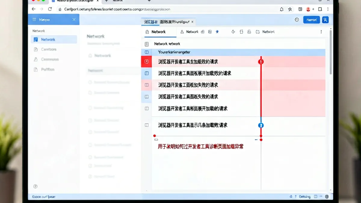 浏览器开发者工具面板展开在网页右侧，Network 标签页中高亮显示几条加载失败的请求，旁边时间轴标记着红色错误状态，用于说明如何通过开发者工具诊断页面加载异常